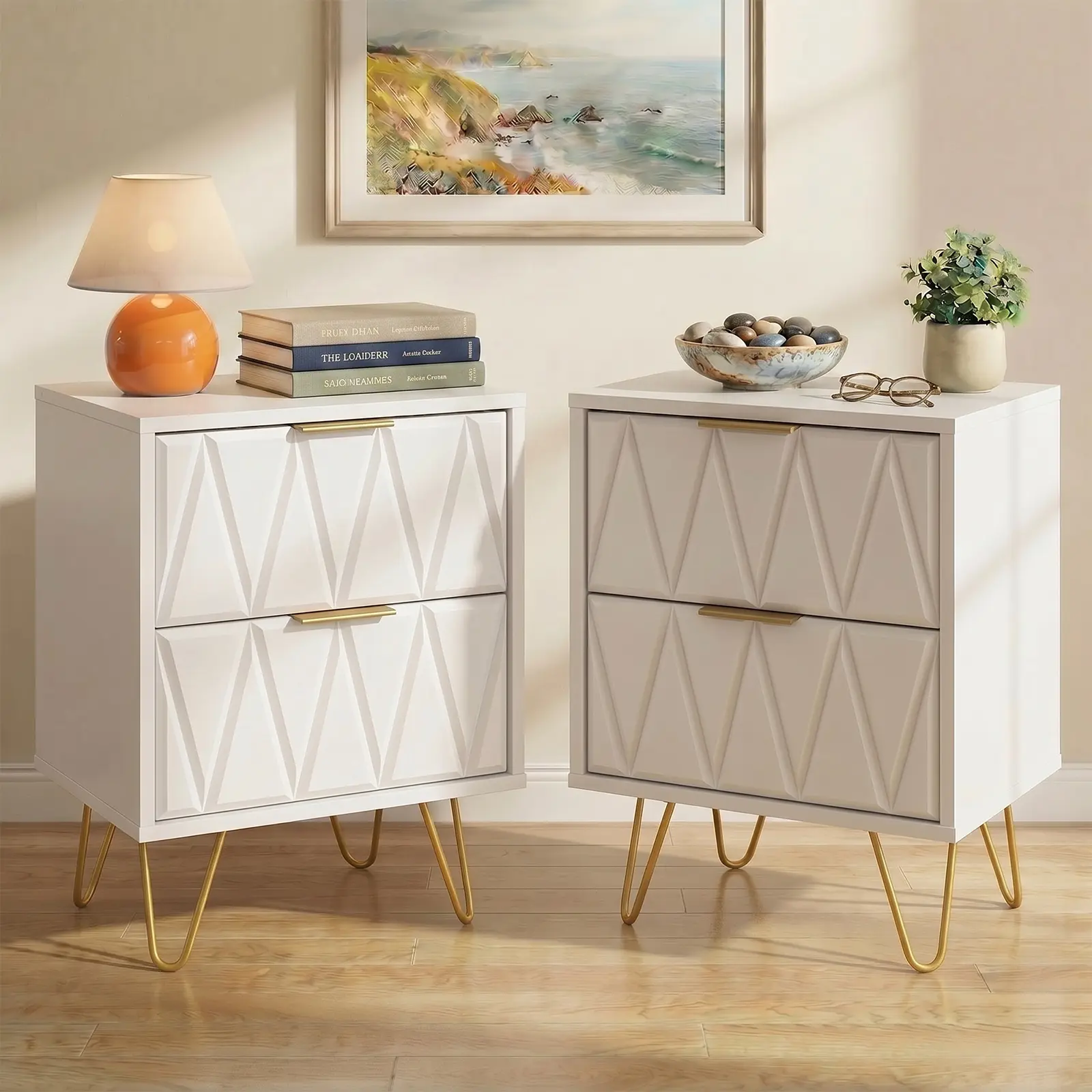 Modern 2-Piece Geometric Bedroom Nightstand Set - 2-Drawer Multi-Drawer Nightstand for Bedroom, Gold Hairpin Legs, Gold-Tone Hardware, Embossed White Indoor Storage Furniture, Metal Base Bedroom Furniture