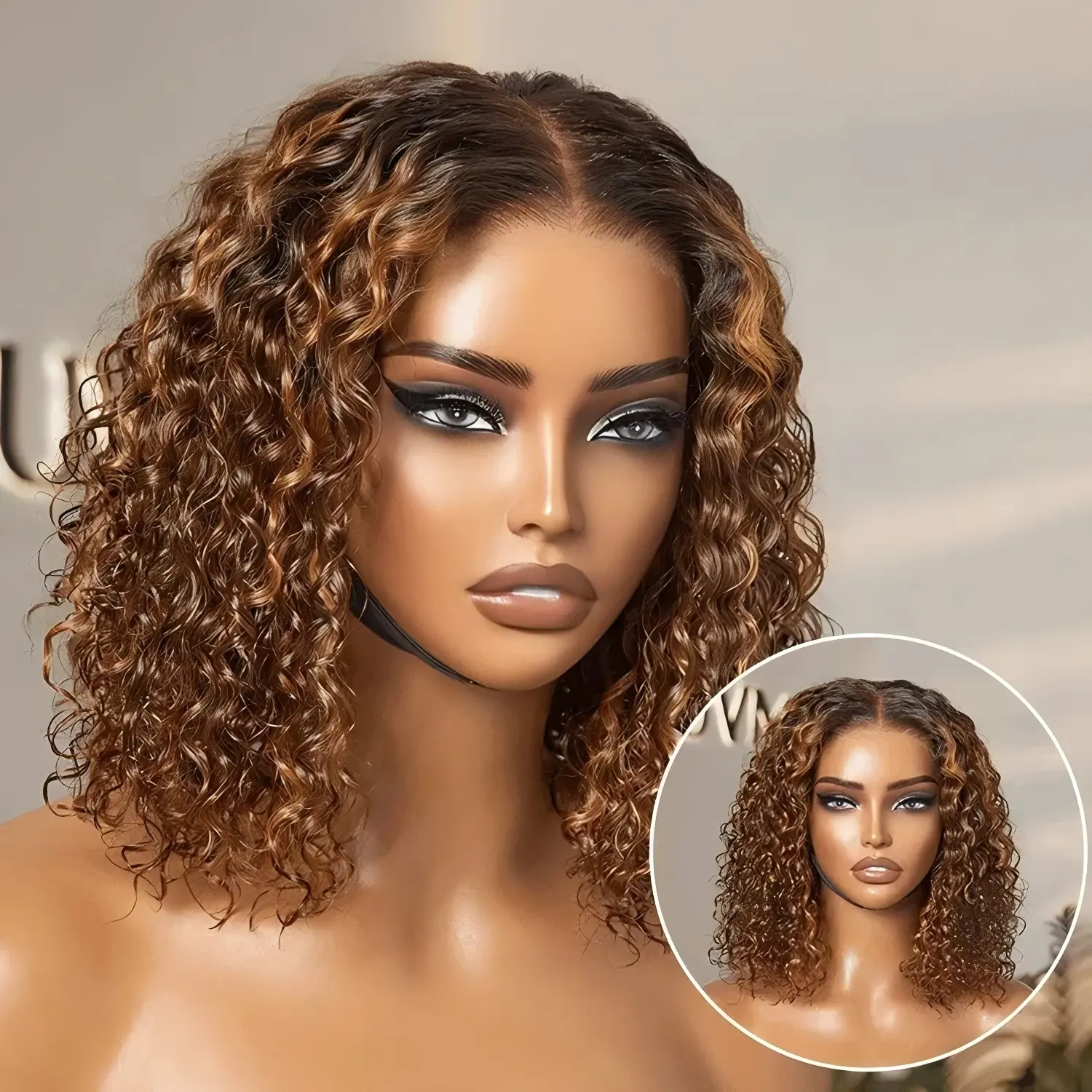 Brown Highlight / Natural Black / Blonde Highlight Deep Curly Glueless 5x5 Closure Pre-Cut Lace Wig Breathable Cap Brown Highlight / Natural Black / Blonde Highlight Deep Curly Glueless 5x5 Closure Pre-Cut Lace Wig Breathable Cap