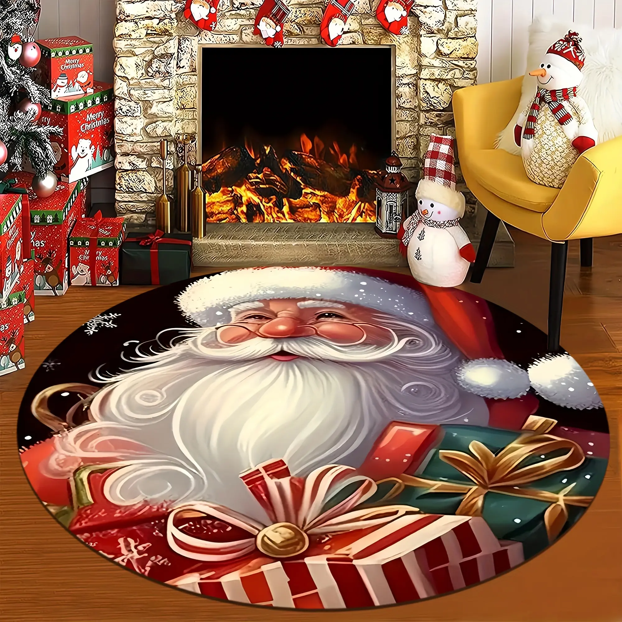 Christmas Round Living Room Mat, Santa Claus and Gift Pattern, Soft and Comfortable, Suitable for Entrance, Living Room, Study, Bedroom, Perfect Room Decoration, High Quality Velvet, Machine Washable Mat