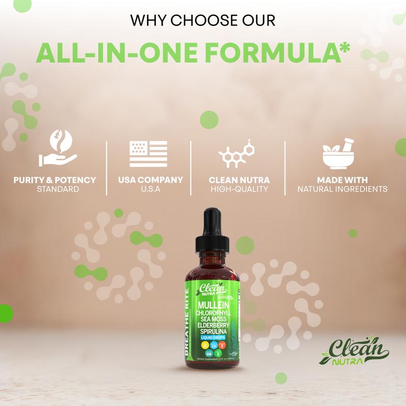 Clean Nutra Chlorophyll, Sea Moss, Elderberry, Spirulina, Licorice, Tart Cherry, Lobelia, Motherwort & More for Lung Detox Liquid Drop – Breathe Rite