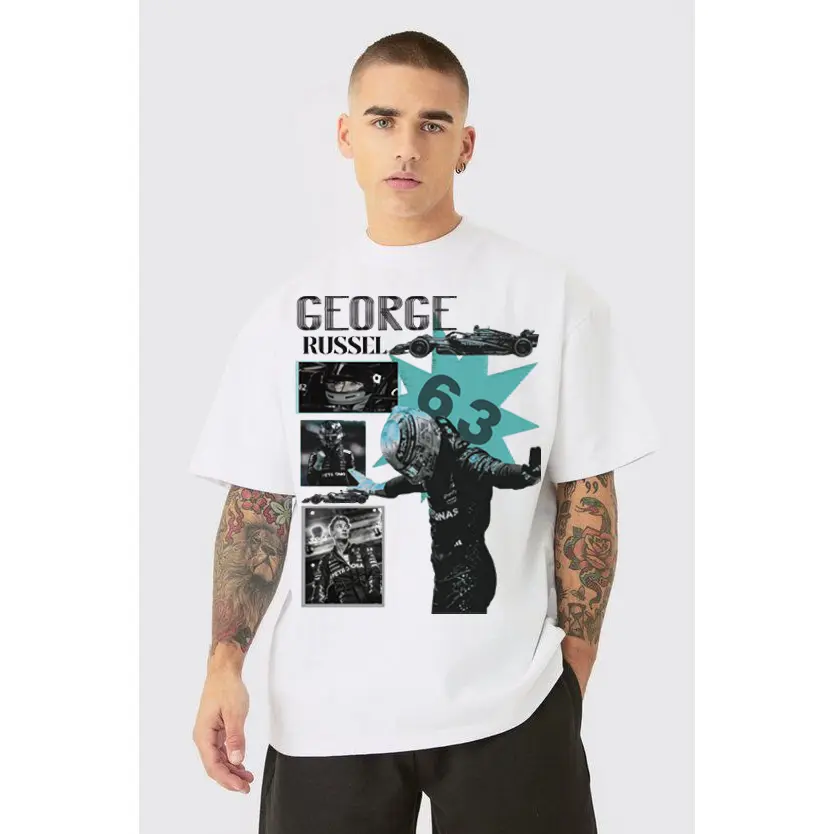 George Russell 63 T-Shirt, Racing Driver Graphic Print Tee, Vintage Racing Collage Shirt, Formula Racing Fan Apparel, Unisex Streetwear Racing Tee
