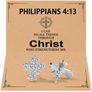 Gothic Cross Stud Earrings for Men Women, Iced Out CZ Crucifix Screw Back Earrings, Christian Faith Jewelry Gift with Bible Verse Card