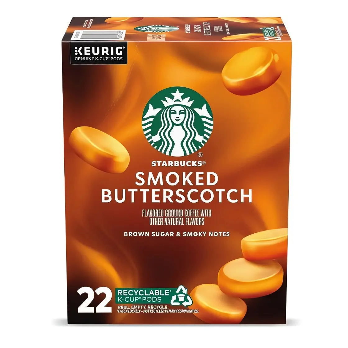 Starbucks Smoked Butterscotch Flavored Ground Coffee with Brown Sugar & Smoky Notes 22 Recyclable K-Cup Pods Caramel Beverage Dark