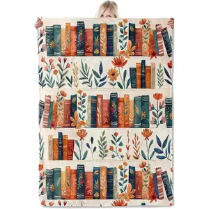 Book And Flower Flannel Blanket 50x60in,Cozy Throw With Colorful Bookshelf And Floral Pattern On Cream,Soft Lightweight Gifts Blankets For Women,Book Lovers,Girls,Home Decor