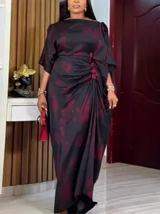 Plus-Size African Print Dress: An elegant Chic women's long dress featuring a graceful drape design and contrasting button details—perfect for weddings, church services, and evening dinners.