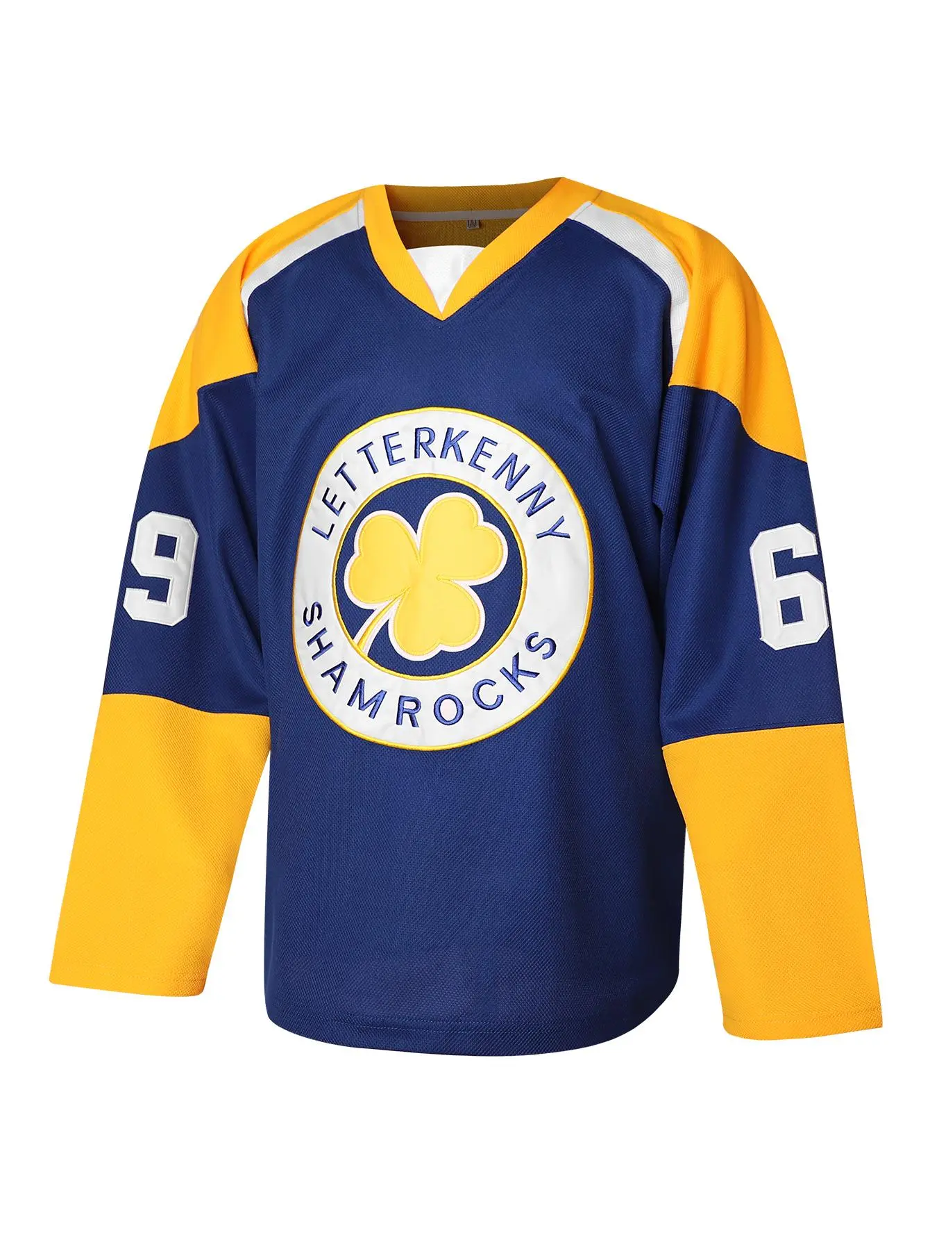 Retro Blue Yellow Ice Hockey Jersey Long Sleeve Streetwear Graphic Print Casual Sports Shamrock Clover Emblem Number 69 V-Neck Oversized Sweater Men Women Activewear Unisex Breathable Game Day Uniform
