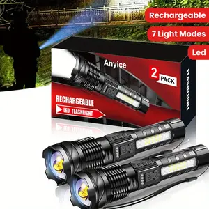 1 One/2 One Multi-Function Rechargeable Flashlight Built-in Large Capacity Battery 7 Light Modes, LED Flashlight with Cob Work Light, Power Display, Handheld Flashlight for Outdoor Fishing, Camping, Hiking