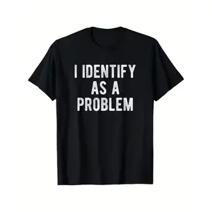 Women's Casual Cotton Short-Sleeve Round Neck T-Shirt - Sarcastic "I Identify as a Problem" White Print, Smooth Seamless Fabric, Solid Black Shortsleeve Tshirt