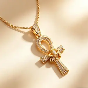 Egyptian Ankh Cross Pendant Necklace — Featuring the Eye of Horus design and sparkling Zircon accents, available in two color options, and paired with a square box chain. A bold and distinctive accessory that captures the essence of Hip-Hop street style.