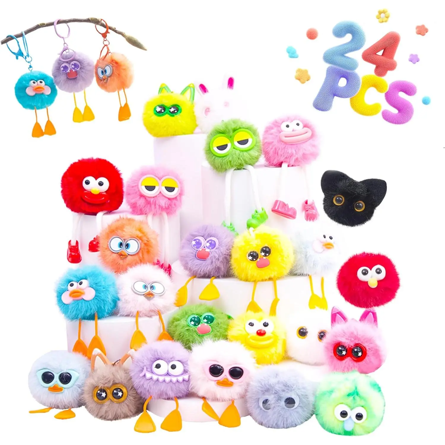 Unisex Plush Fabric Cartoon Monster Keychains (24 PCs Bulk) for Kids - Fashion Costume Jewelry Accessories, Party Favors, Classroom Prizes, Goodie Bag Stuffers