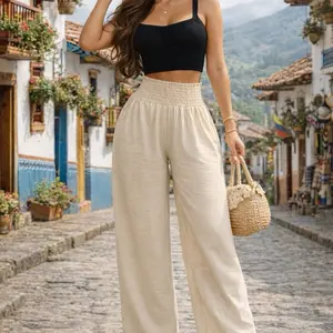 Pantalón palazzo tela tipo lino, cintura elástica con bolsillos a los lados