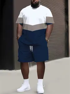 V-Neck Color Block Men's Short Sets, Loose & Breathable, Men's Oversized Daily Casual 2-Piece Outfit