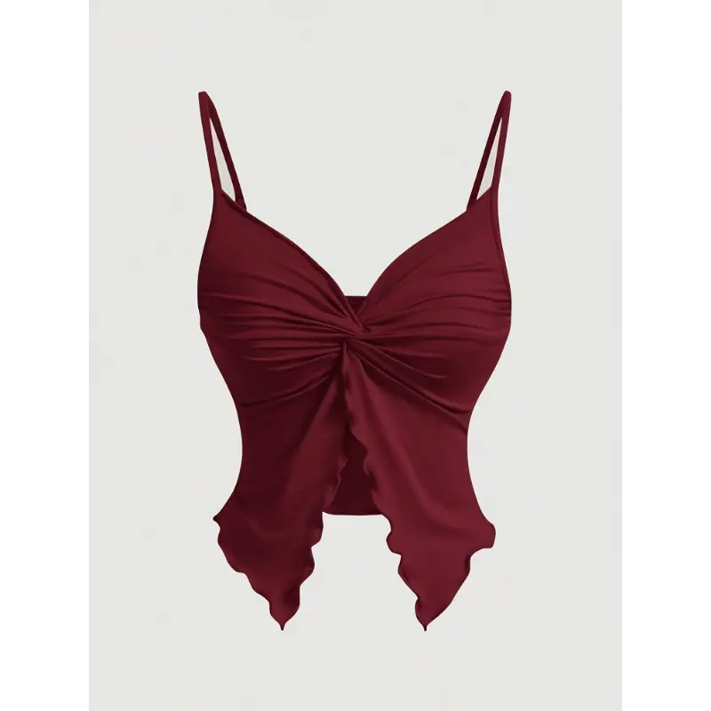Women's Sexy Knit Bandeau Spaghetti Strap Casual Tank Top - Maroon, Sleeveless, Solid, Ruched Bust, Knot Front, High Elasticity Stretchy Polyester Elastane Blend, Fitted, Short, Hand Wash Only, for Spring & Summer