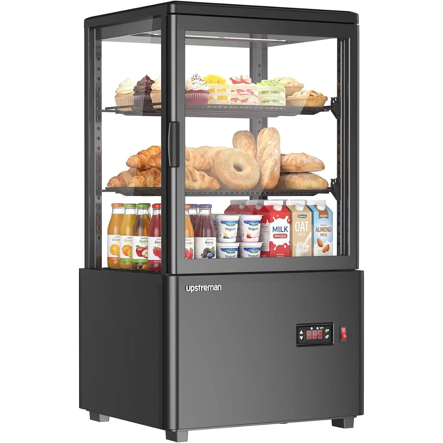 Upstreman 2 Cu.Ft Countertop Commercial Pastry Cake Display Refrigerator - Tempered Glass Bakery Showcase with LED Lighting, Digital Thermostat, Fog-Free View, 35.6°F to 50°F, 120V, 17.6x15.7x32.2", for Restaurant, Convenience Store, CD20, Mini Refrigerat