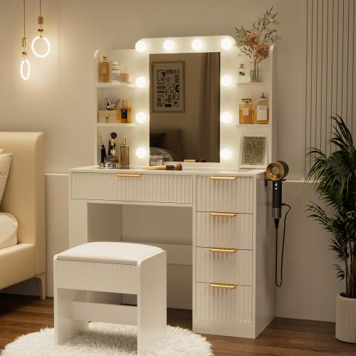 [Bellemave]Vanity Table with Mirror and Lights, Vanity Desk and Cushioned Stool Set with Charging Station, Storage Drawers and Transparent Tabletop for Women Girls Bedroom,