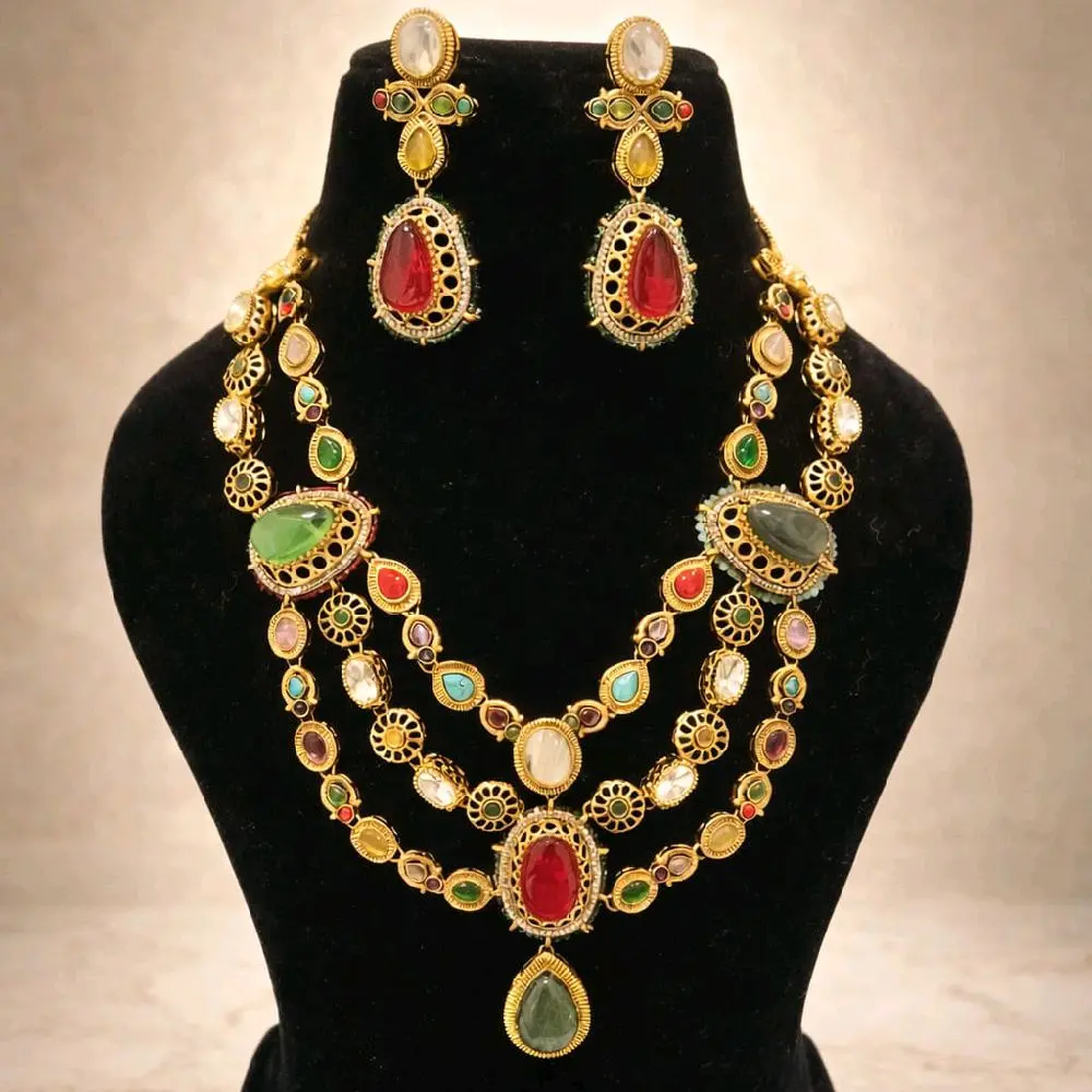 Elegant Sabya Sachi Inspired Layered Necklace with Pendant Earrings Gold Tone Multi-Color Gemstones
