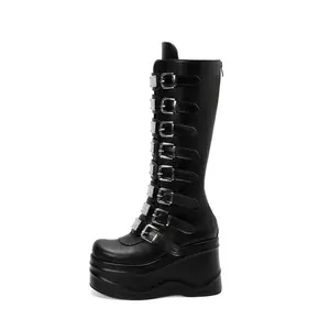 Womens Round-toe Thick-soled Back-zip Ultra-high-heeled Boots
