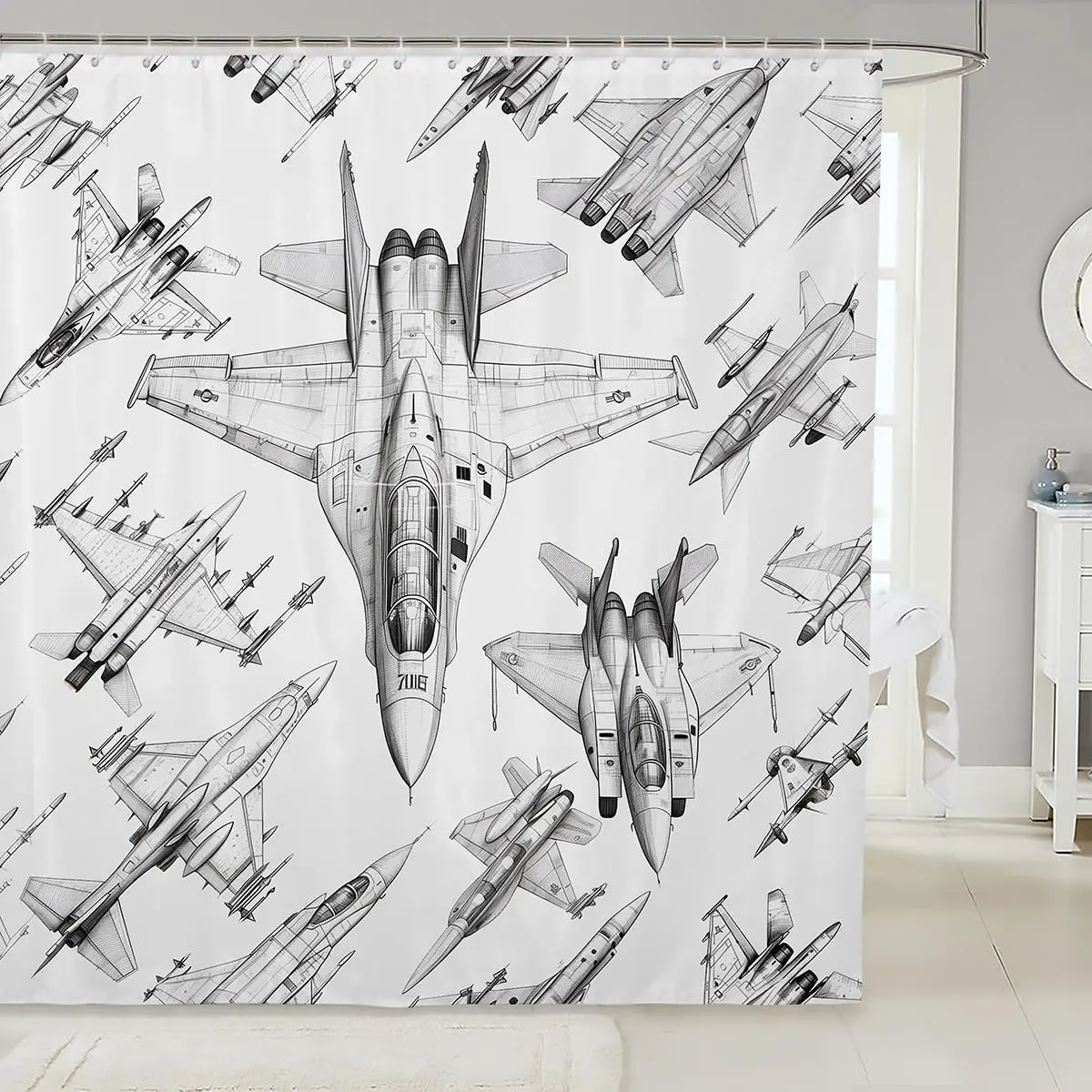 Aircraft Shower Curtain,Sketch 3D Airplane Bathroom Curtain Men Room Decor,Black and White Airplane Print Waterproof Curtain Flying Games Theme Bath Curtain,