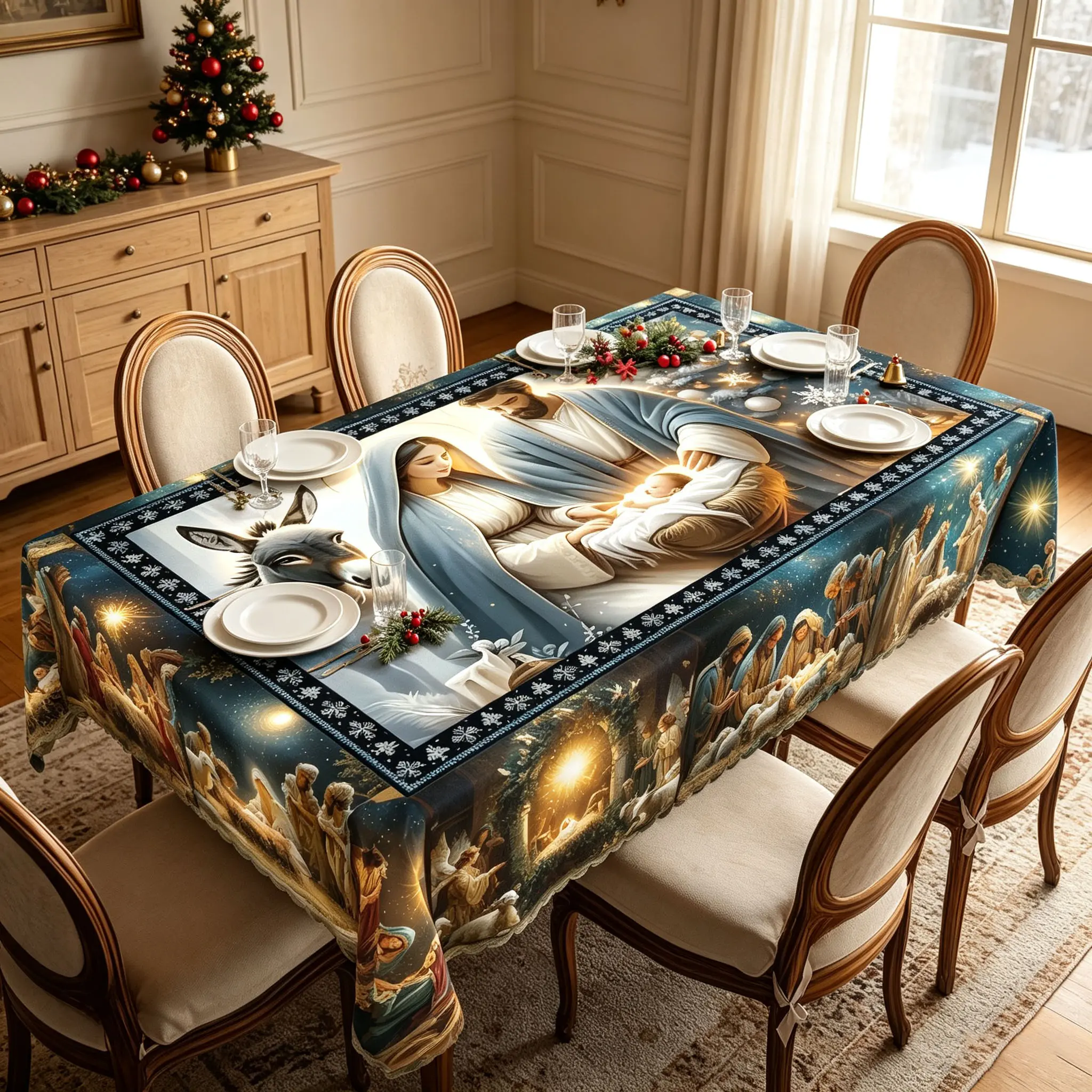 KOPOEELK Christmas Nativity Scene Tablecloth with Baby Jesus, Mary, Joseph, Donkey, Shepherds and Star of Bethlehem Patterns, Waterproof Fade-Resistant Round Rectangular Table Cover for Holiday Dining, Indoor Outdoor Religious Christmas Decor