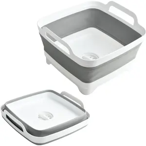 Collapsible Dish Basin 2.4Gal 9L Foldable Kitchen Sink Tub with Drain Plug Wash Basin for Dishes Fruits Bottles Space Saving for RVs Camping & Laundry Gray Multifunctional & Durable
