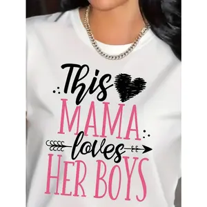 Womens Cotton Short Sleeve Graphic Tee This Mama Loves Her Boys Cute Heart Letter Print Casual Summer Top Mothers Day Gift For Boy Mom Everyday Wear