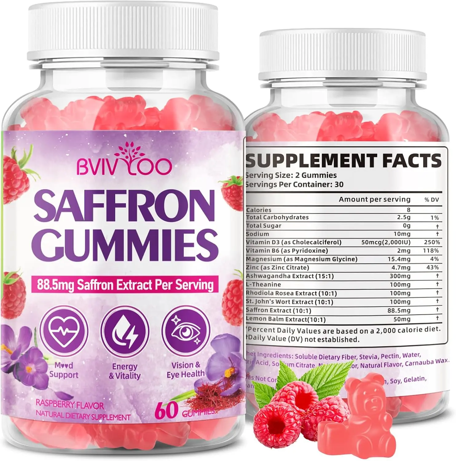 Saffron Gummies for Adult Kids, 10-IN-1 Formula with Saffron 88.5mg, Vitamins D3 & B6, Magnesium, Zinc, Ashwagandha, L-Theanine, St. John's Wort - Supports Mood & Focus, Raspberry Flavor, 60 Count
