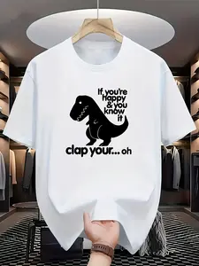 Men's Funny Dinosaur Graphic T-Shirt, Short Sleeve Casual Tee, Cartoon T-Rex Silhouette Print with Humor Text, Streetwear Outfit Top