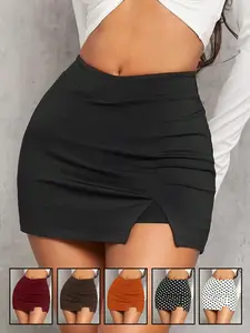 Women's Sexy High Waist Bodycon Skirt Bottoms, V-Waist Slit Half-Sleeve Dress, Soft Fabric, Slimming Fashion Short Skirt, Womenswear