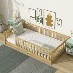 Twin Size Floor Bed Frame with Fence without Door, Rubber Wood Floor Bed with Safety Guardrails and Slats, for Kids Girls Boys