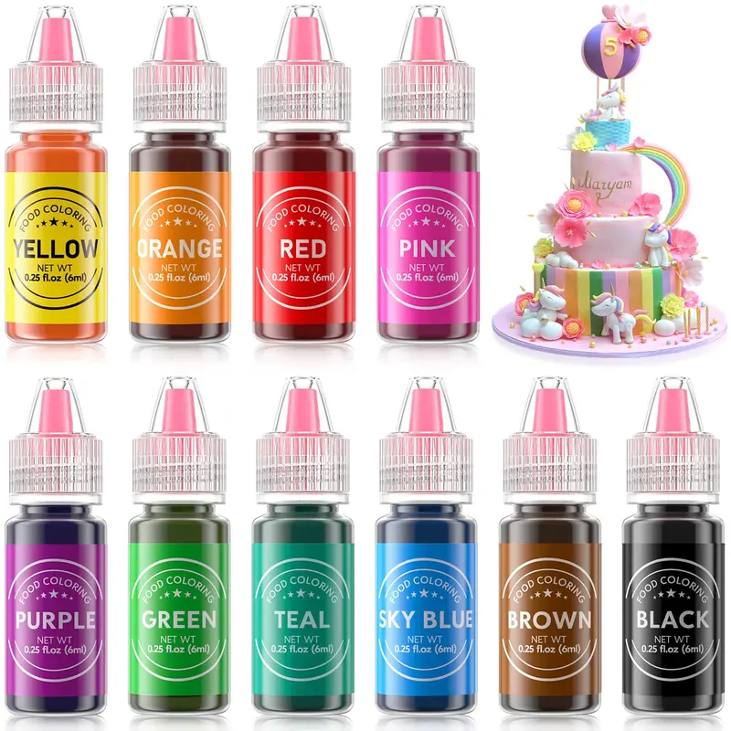 Nata Bake Food Grade Edible Liquid Coloring Set (10 x 0.25oz/6ml Bottles, 10 Colors) - Teal, Brown, Edible Food Dye, Baking Supplies, Gluten-Free, Sugar-Free, Halal Safe, Unflavored, Halloween Cake Fondant Decorating Kit for All Ages