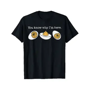 1pc Men's Funny Deviled Egg Graphic T-Shirt - 100% Cotton Retro Crew Neck Tee with "You Know Why I'm Here" Saying & Egg Carton Design - Soft 180gsm Knit Fabric, Machine Washable Casual Shirt for Casual Attire, Parties, Picnics - Funny Foodie Gift for Egg