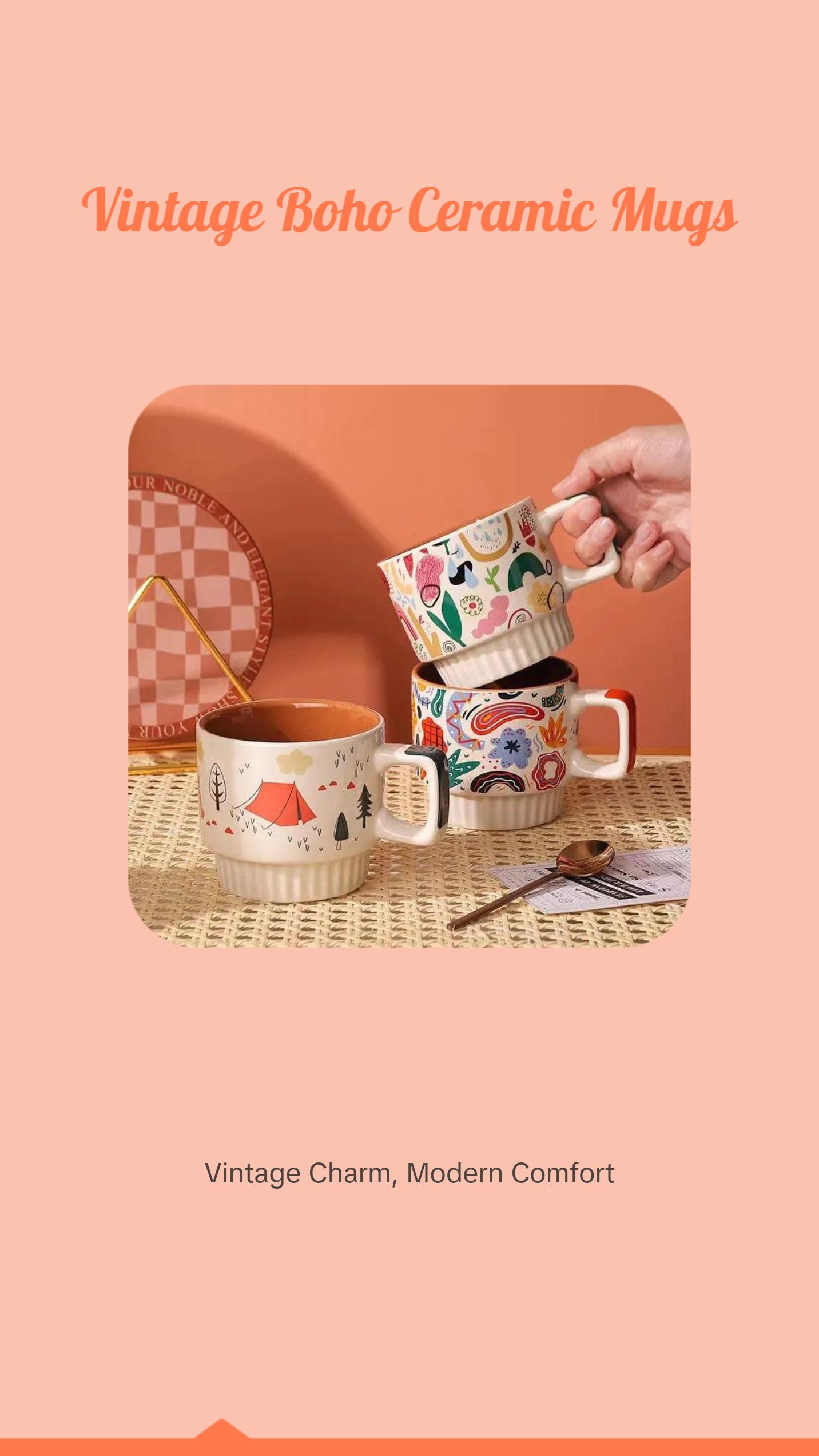 Boho Ceramic Mug Set – Vintage Aesthetic Coffee & Tea Cups (Stackable, Hand-Painted, 330ml