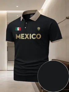 High-Quality Men's Polo Shirt with Mexico Graphic Print, Fitted Casual Style, Summer Short Sleeve Tee, Perfect for Outdoor Activities