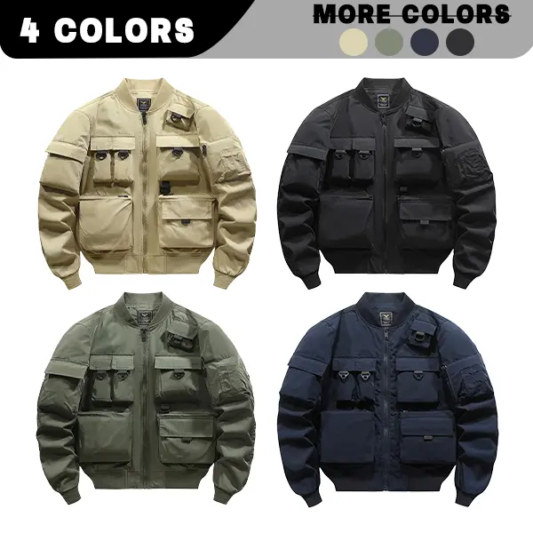 Men’s multi-pocket workwear baseball jacket with stand collar and full zipper, windproof functional flight jacket, loose outdoor tactical outerwear available in 4 colors, suitable for hiking, fishing, streetwear trends, and everyday casual wear.