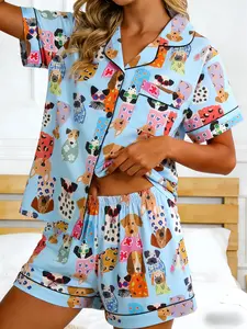 Women's 2-Piece Pajama Set, Casual Fitted Sleepwear Loungewear, Dog Cartoon Print, All-Season Wear, Short Sleeve Cardigan & Shorts, Pjs