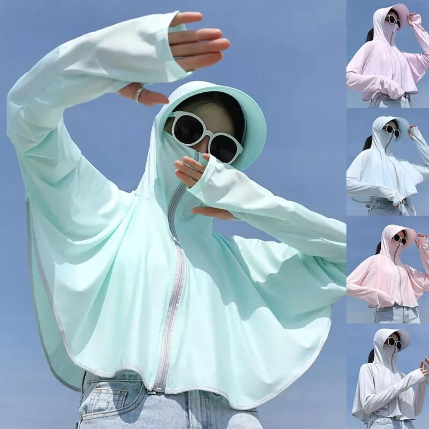 Sun Jacket Summer Lightweight Long Sleeve Hooded Coat, Outdoor UV Protection Shawl With Wide Brim Ponytail Hat 2 In 1 For Cycling & Outdoor Activities Ice Silk One Piece