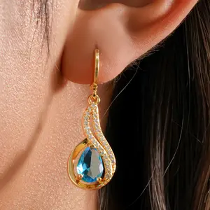 18K Gold Plated 2-Layer Swirl Sea Blue Topaz Waterdrop Teardrop Gemstone Dangle Earrings for Women Hypoallergenic Cubic Zirconia Elegant Drop Statement Jewelry Gifts Fashion