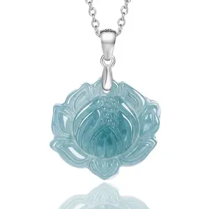Natural Jade Necklace Blue Water Lotus Pendant Jadeitem Pendant Flower For Women Gifts