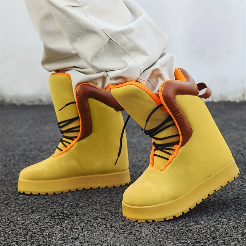 Men's Short Boots, Chunky Street Style PU Leather Lace-Up Footwear with a Lightweight Elevated Rubber Sole, Khaki Yellow, Fathersdaygift, Laces, Pu Upper, Synthetic, Ankle, Fabric
