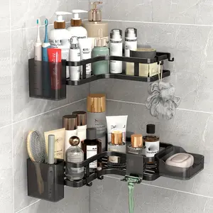 6pcs/set Corner Shower Rack Set, Bathroom Storage Shelf, No-Drill Wall-Mounted Organizer, Rust-Resistant, with Soap Dish, Hooks, Toothpaste Holder