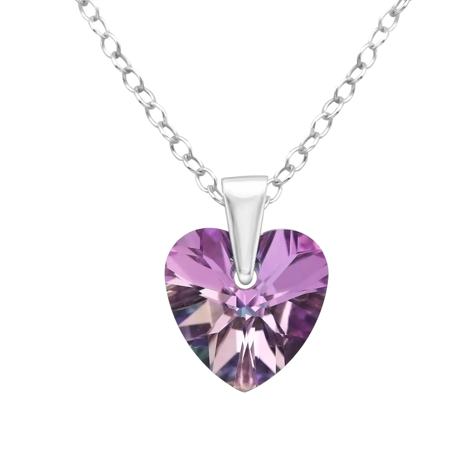 Purple Crystal Heart Pendant Necklace - 925 Sterling Silver