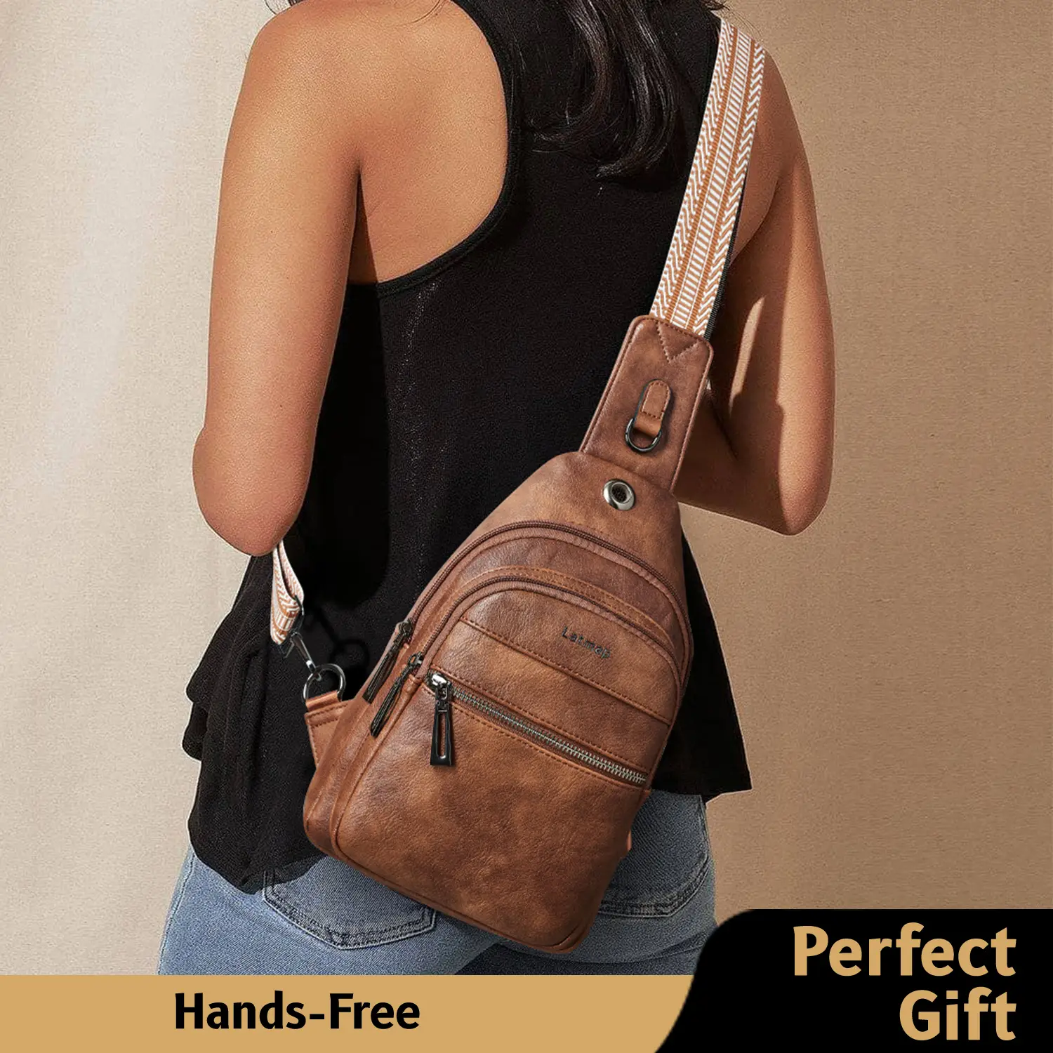 LATMAP 7L Sling Bag for Women Men Faux Leather Crossbody Chest Purse Fanny Pack Backpack with Adjustable Strap Travel Cycling Gift Daily Use Durable