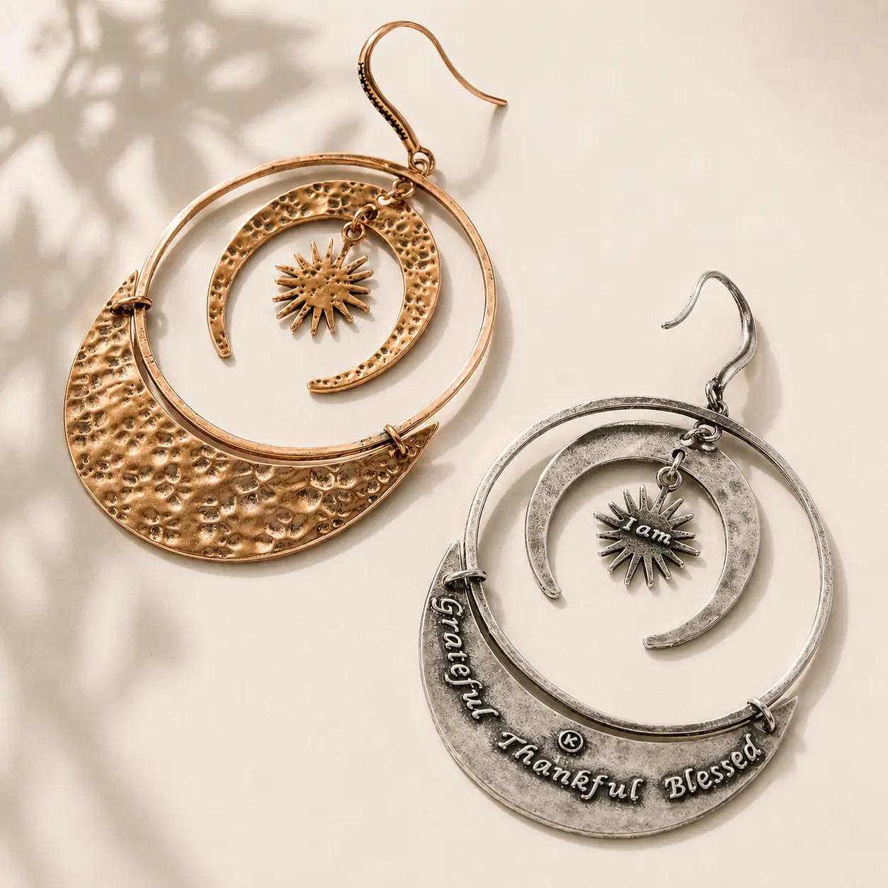 Grateful Thankful Blessed Moon & Star Earrings  Pierced Jewelry Celestial Drop Chandelier