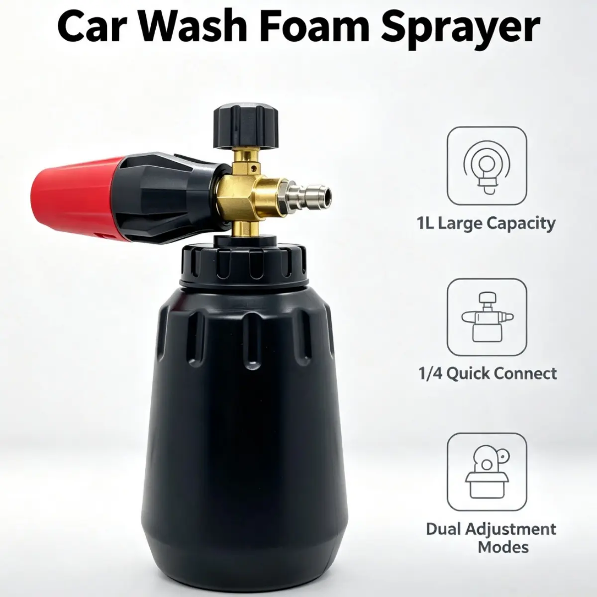 34Oz / 1L Foam Cannon for Pressure Washer, Car Foam Blaster with Brass Nozzle Core, 2 Modes Adjustable Spray Nozzle Wide Base Anti‑Clog Foam Sprayer for Car Motorcycle SUV Floor Window Driveway Cleaning, 1/4" Quick Connector, 750‑4000 PSI - Black