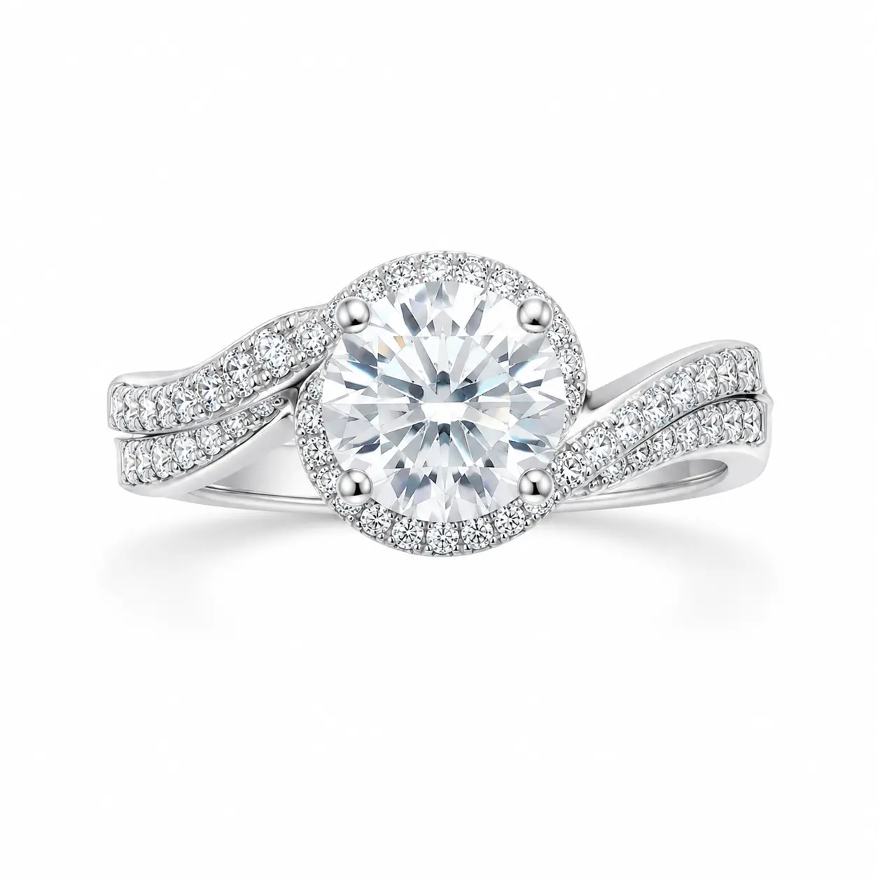 Elegant Diamond Engagement Ring with Halo Design and Sparkling Side Stones in Silver Tone
