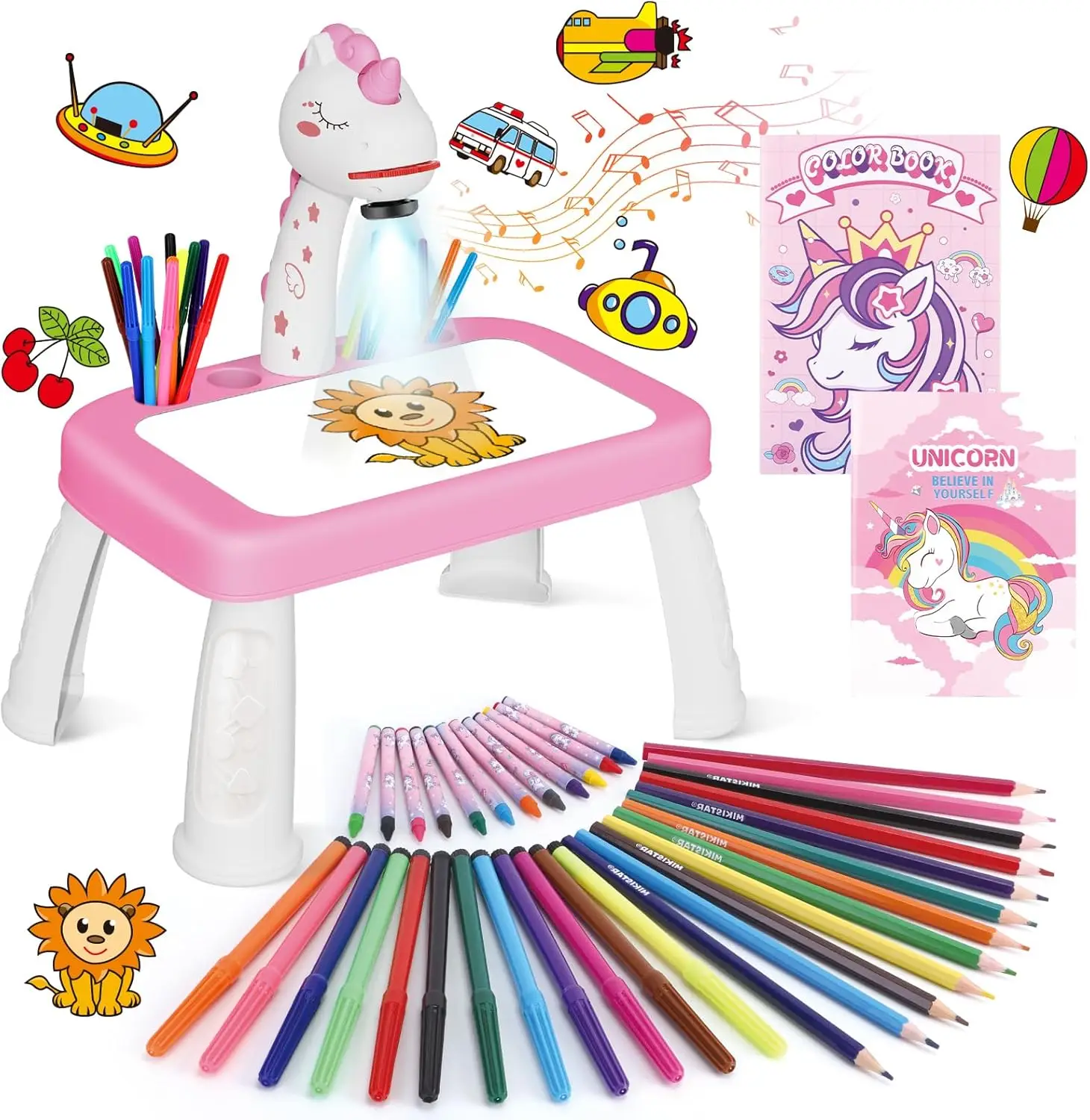 Drawing Projector for Kids, Art and Crafts, Drawing Board with Music, Color Pens, Pencils, Crayons, Scrapbook, Unicorn Sticker Book, Ideal Toy for 3+