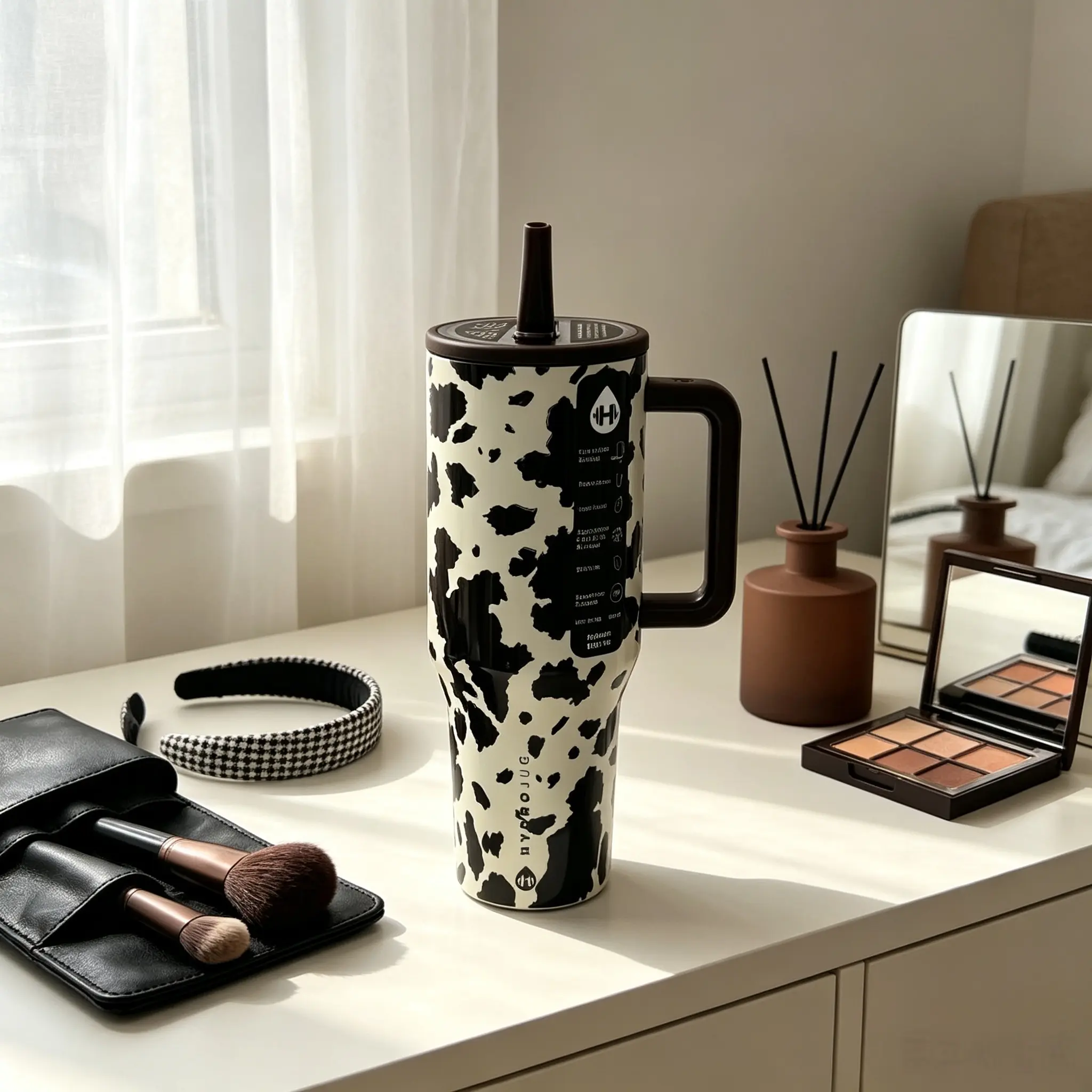 HydroJug 40ozCute Cow Print Tumbler with Brown Handle & Straw Lid, Leakproof Insulated Stainless Steel Mug with 24-Hour Cold Retention, Western Cowgirl Aesthetic Cup for Vanity Desk & Daily Commutes Drinkware Flasks Stylish Bottles Bottled Water Bottles