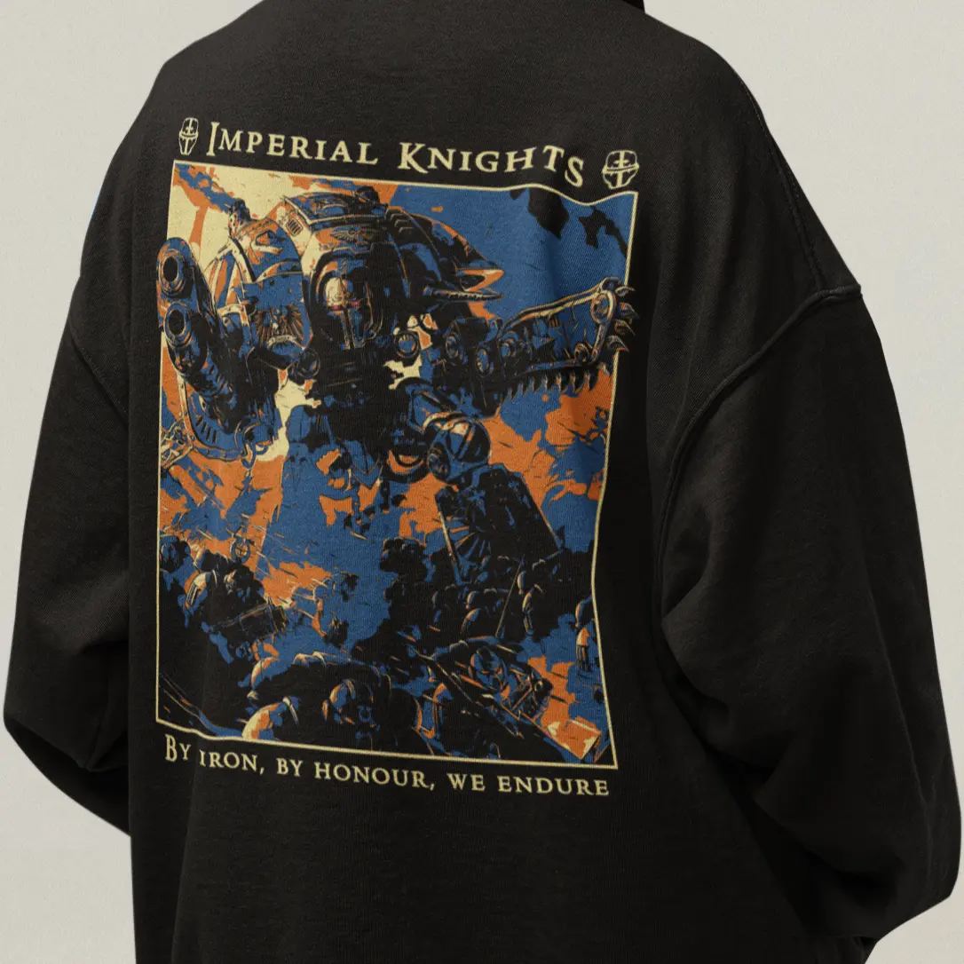Warhammer 40K Imperial Knights Hoodie | By Iron By Honour Graphic Pullover | Grimdark Mech Warrior Wargame Apparel | Unisex Warhammer Hoodie Gift for Gamers & Collectors