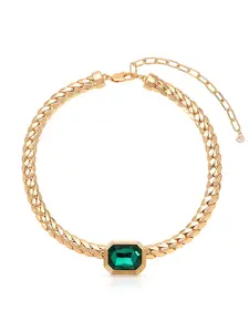 Ettika Emerald Deco Necklace – 18k Gold Plated Statement Necklace with Green Glass Stones & Adjustable Chain