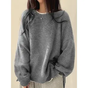 Women's Drop Shoulder Split Hem Sweater, Unique Casual Long Sleeve Crew Neck Sweater, Women's Autumn Winter Knitted Top, Women's Crew Neck Sweater, Women's Top, Women's Clothing Can be used with a raincoat